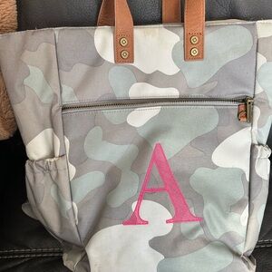 Gray and Tan Camouflage Tote Bag with the letter A embroidered